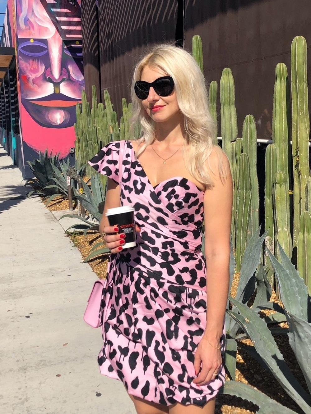 Boutique Moschino Pink Leopard Print One-Shoulder Cotton Mini Dress